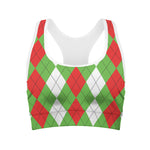 Red Green And White Argyle Pattern Print Women's Sports Bra