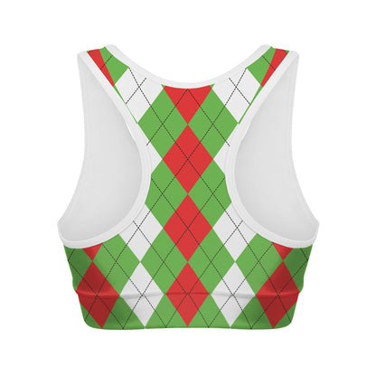 Red Green And White Argyle Pattern Print Women's Sports Bra