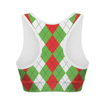 Red Green And White Argyle Pattern Print Women's Sports Bra