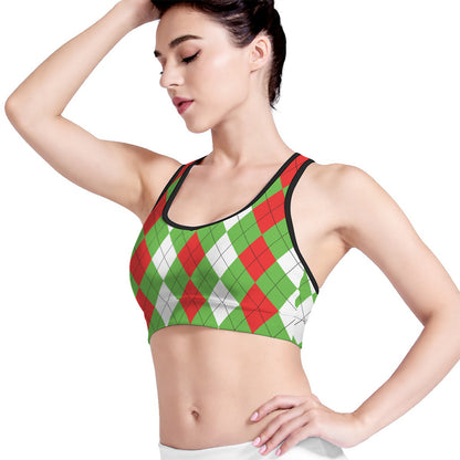 Red Green And White Argyle Pattern Print Women's Sports Bra