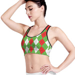 Red Green And White Argyle Pattern Print Women's Sports Bra