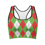 Red Green And White Argyle Pattern Print Women's Sports Bra