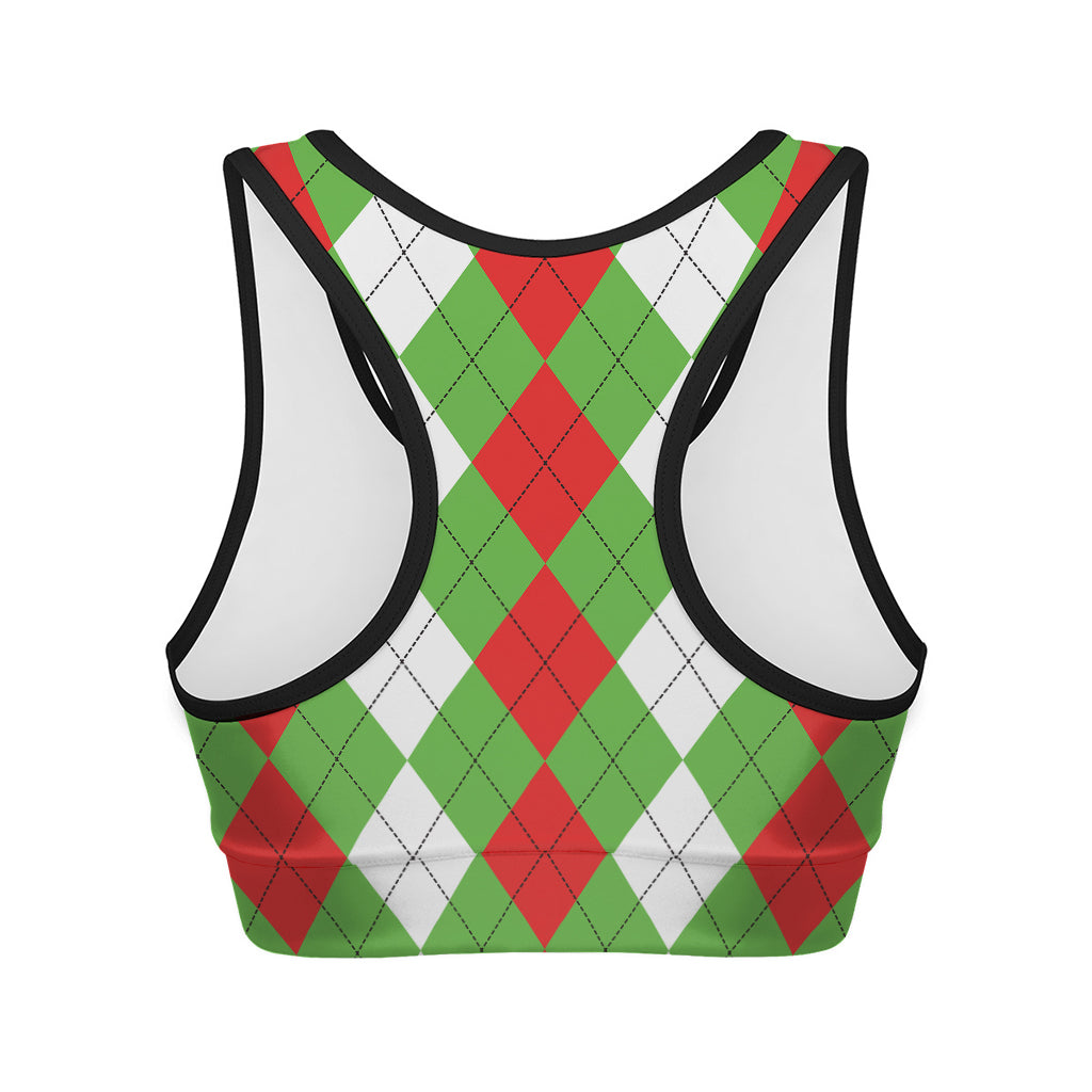 Red Green And White Argyle Pattern Print Women's Sports Bra
