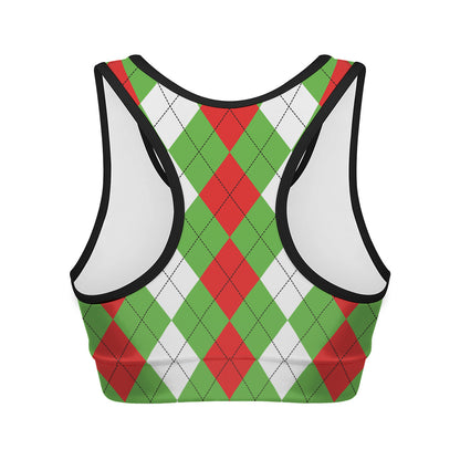 Red Green And White Argyle Pattern Print Women's Sports Bra