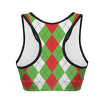 Red Green And White Argyle Pattern Print Women's Sports Bra