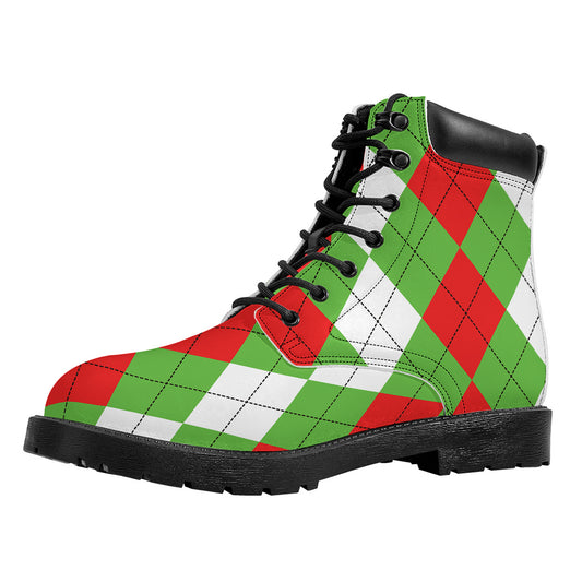 Red Green And White Argyle Pattern Print Work Boots