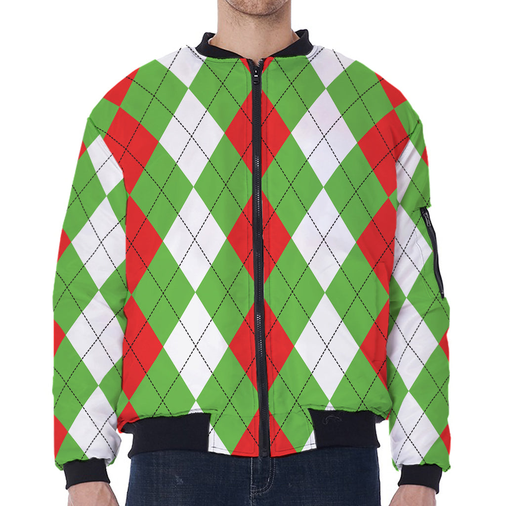 Red Green And White Argyle Pattern Print Zip Sleeve Bomber Jacket