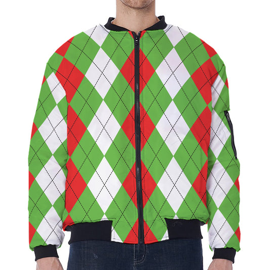 Red Green And White Argyle Pattern Print Zip Sleeve Bomber Jacket