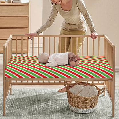 Red Green And White Candy Cane Print Baby Crib Sheet