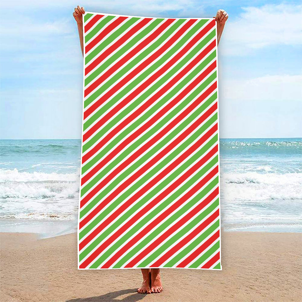 Red Green And White Candy Cane Print Beach Towel