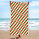 Red Green And White Candy Cane Print Beach Towel