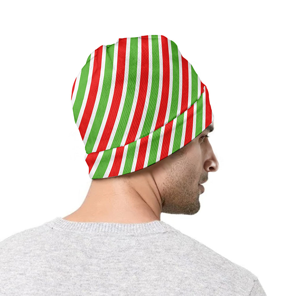 Red Green And White Candy Cane Print Beanie