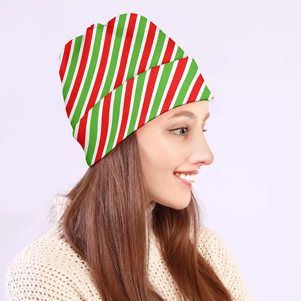 Red Green And White Candy Cane Print Beanie