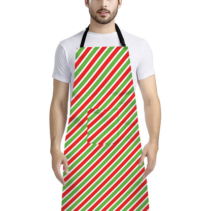 Red Green And White Candy Cane Print Bib Apron With Pocket