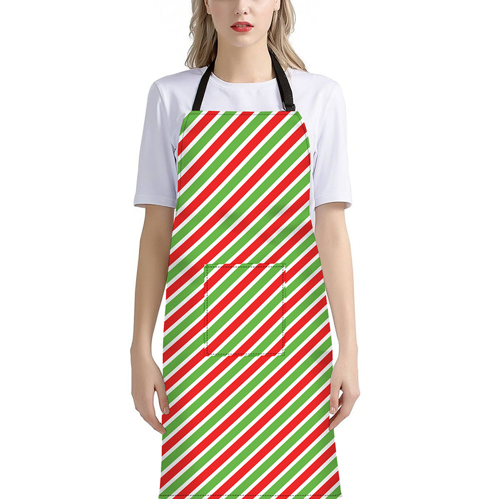 Red Green And White Candy Cane Print Bib Apron With Pocket