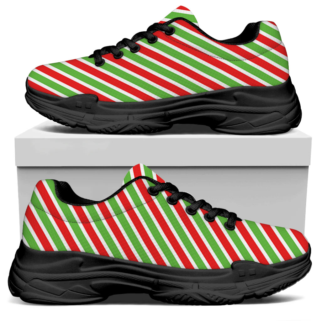 Red Green And White Candy Cane Print Black Chunky Shoes