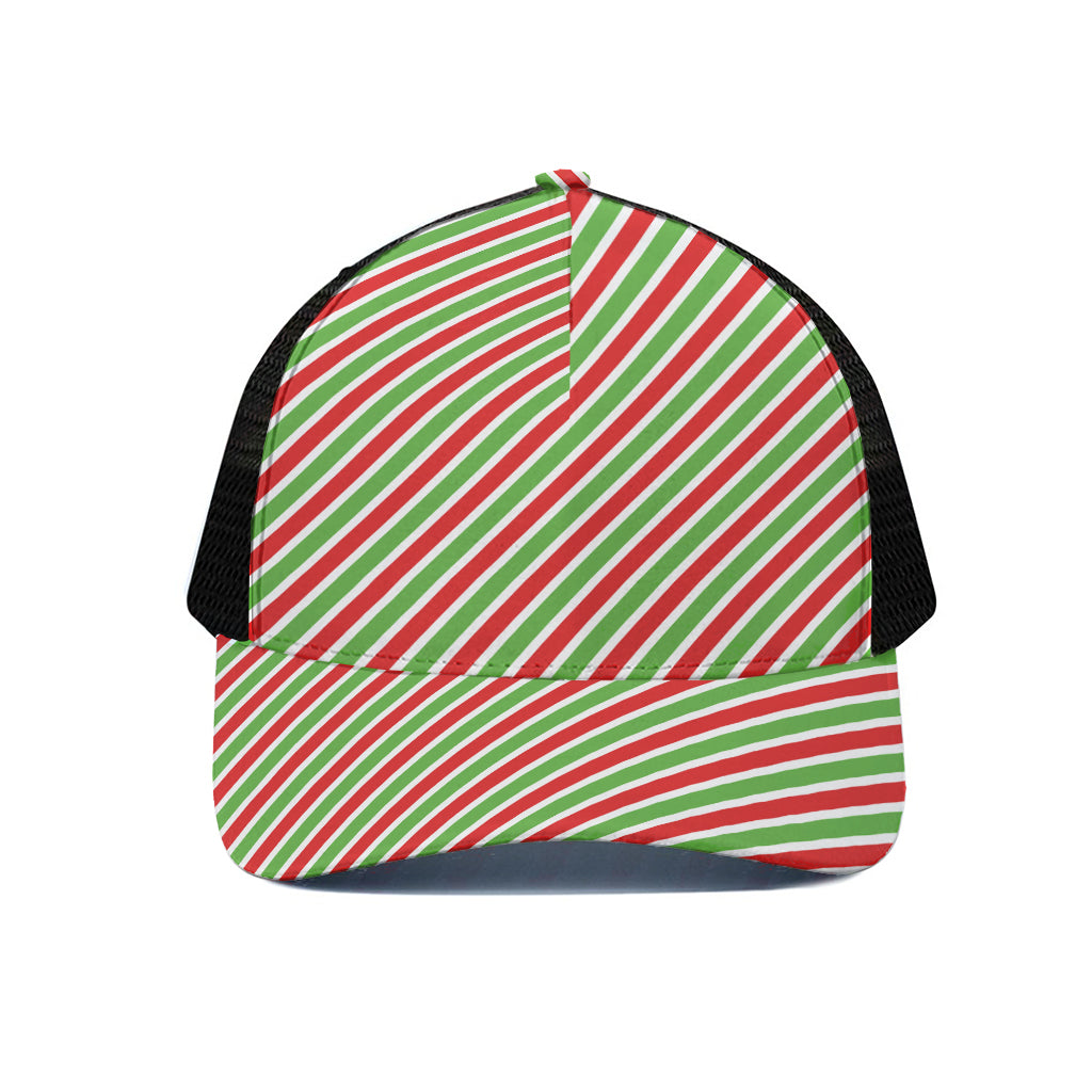 Red Green And White Candy Cane Print Black Mesh Trucker Cap