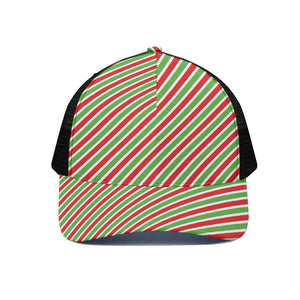 Red Green And White Candy Cane Print Black Mesh Trucker Cap