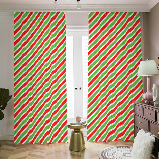 Red Green And White Candy Cane Print Blackout Pencil Pleat Curtains