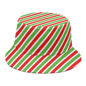 Red Green And White Candy Cane Print Bucket Hat