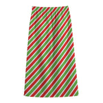 Red Green And White Candy Cane Print Cotton Front Slit Maxi Skirt