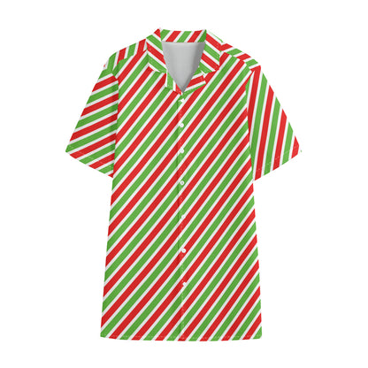 Red Green And White Candy Cane Print Cotton Hawaiian Shirt