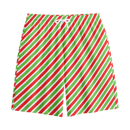 Red Green And White Candy Cane Print Cotton Shorts