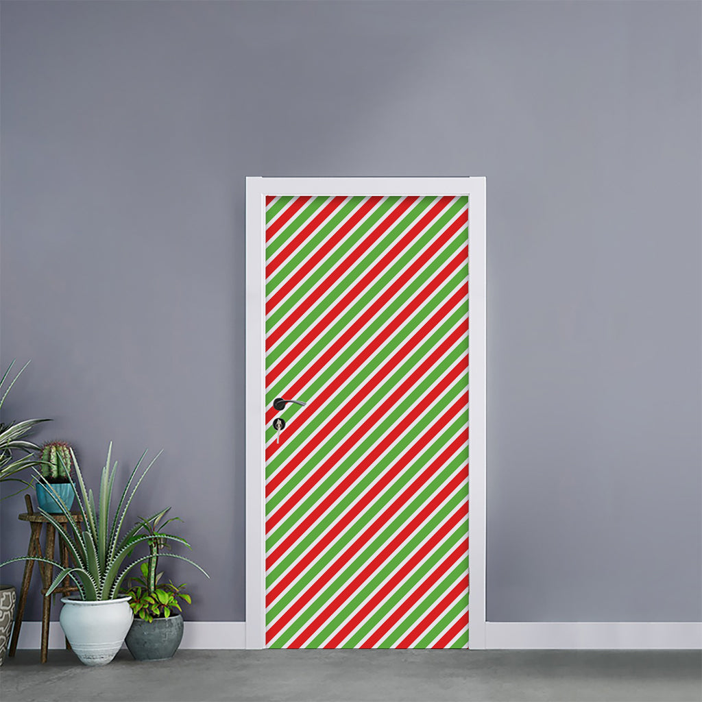 Red Green And White Candy Cane Print Door Sticker