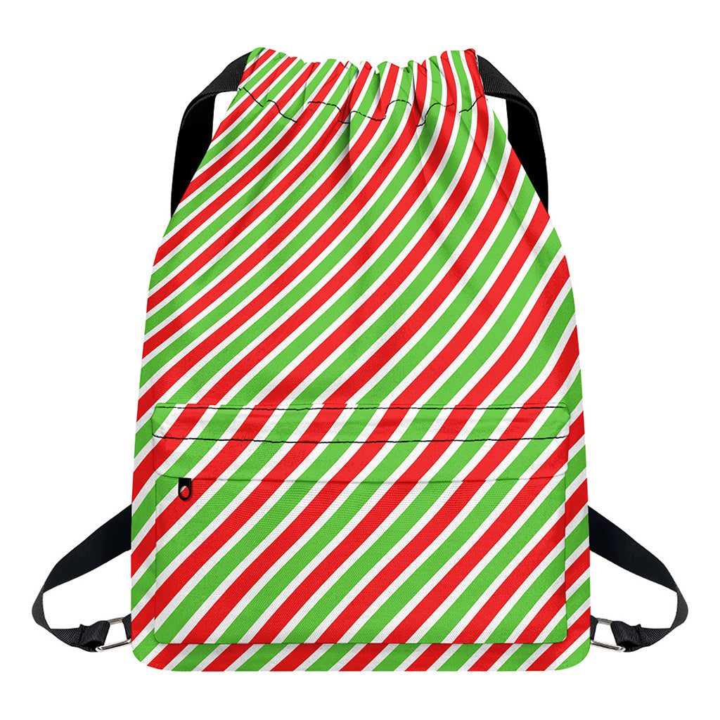 Red Green And White Candy Cane Print Drawstring Backpack