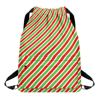 Red Green And White Candy Cane Print Drawstring Backpack