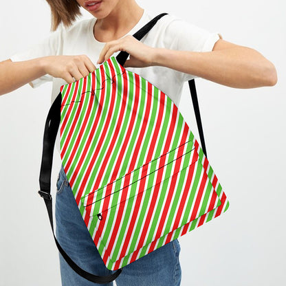 Red Green And White Candy Cane Print Drawstring Backpack