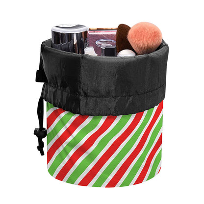 Red Green And White Candy Cane Print Drawstring Makeup Bag