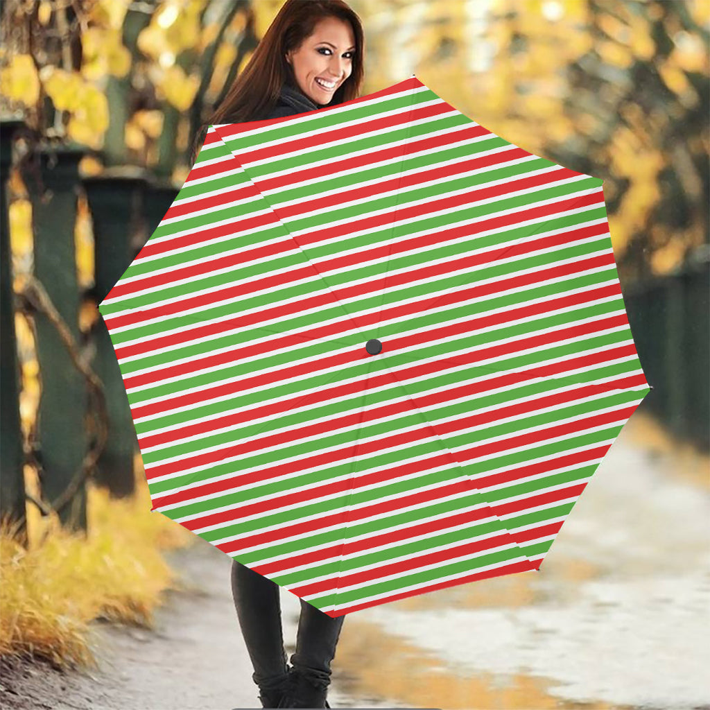Red Green And White Candy Cane Print Foldable Umbrella