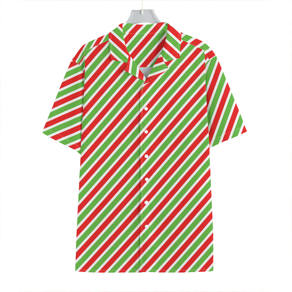 Red Green And White Candy Cane Print Hawaiian Shirt