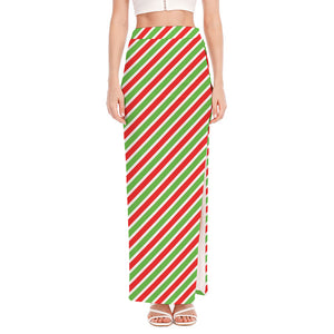 Red Green And White Candy Cane Print High Slit Maxi Skirt