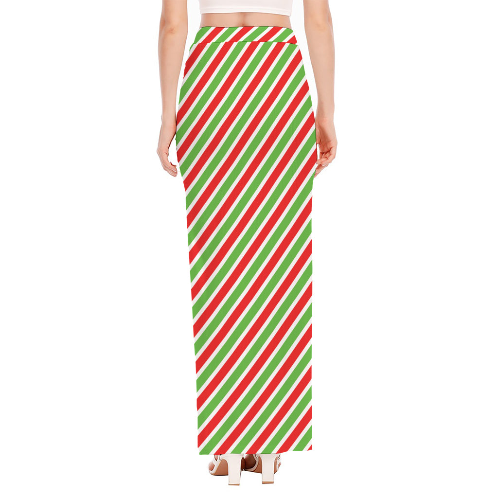 Red Green And White Candy Cane Print High Slit Maxi Skirt