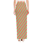 Red Green And White Candy Cane Print High Slit Maxi Skirt