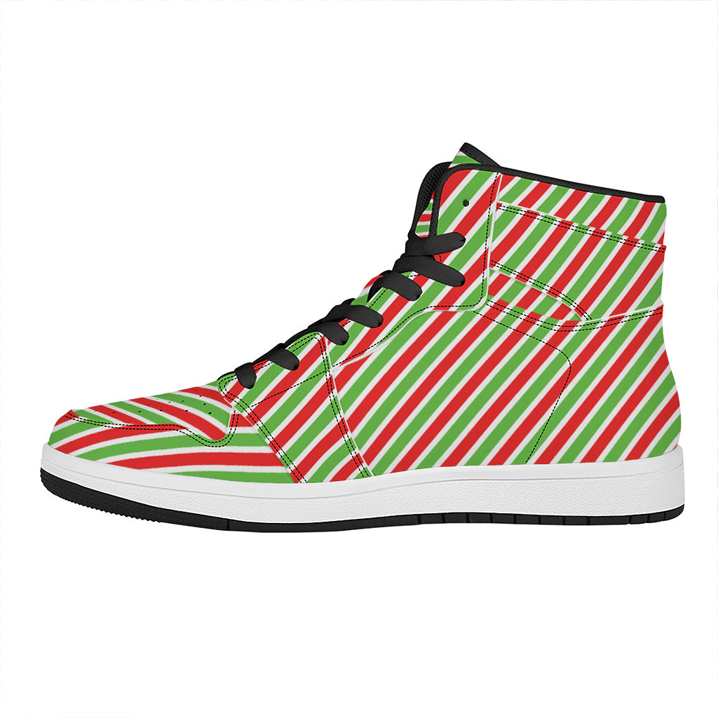 Red Green And White Candy Cane Print High Top Leather Sneakers