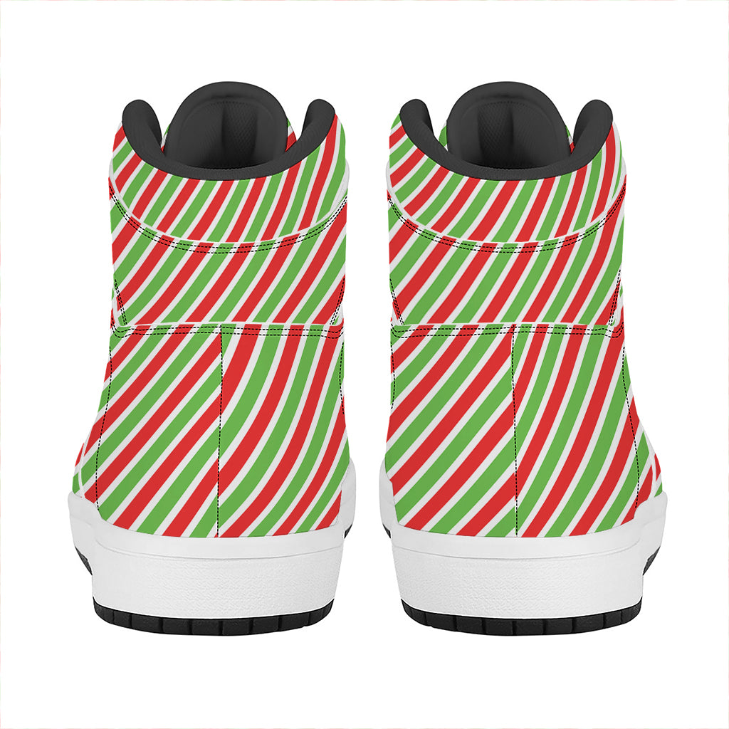 Red Green And White Candy Cane Print High Top Leather Sneakers