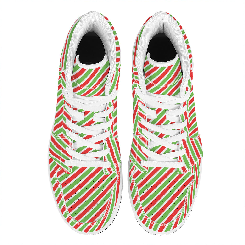 Red Green And White Candy Cane Print High Top Leather Sneakers