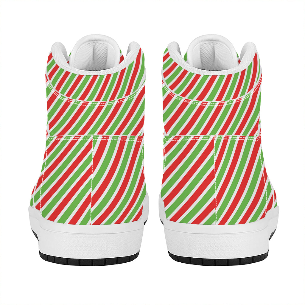 Red Green And White Candy Cane Print High Top Leather Sneakers