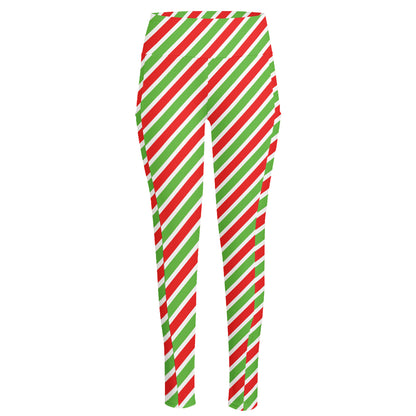 Red Green And White Candy Cane Print High-Waisted Pocket Leggings