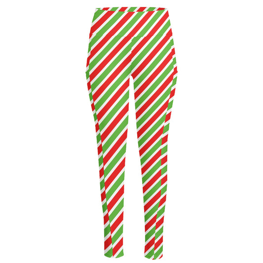 Red Green And White Candy Cane Print High-Waisted Pocket Leggings
