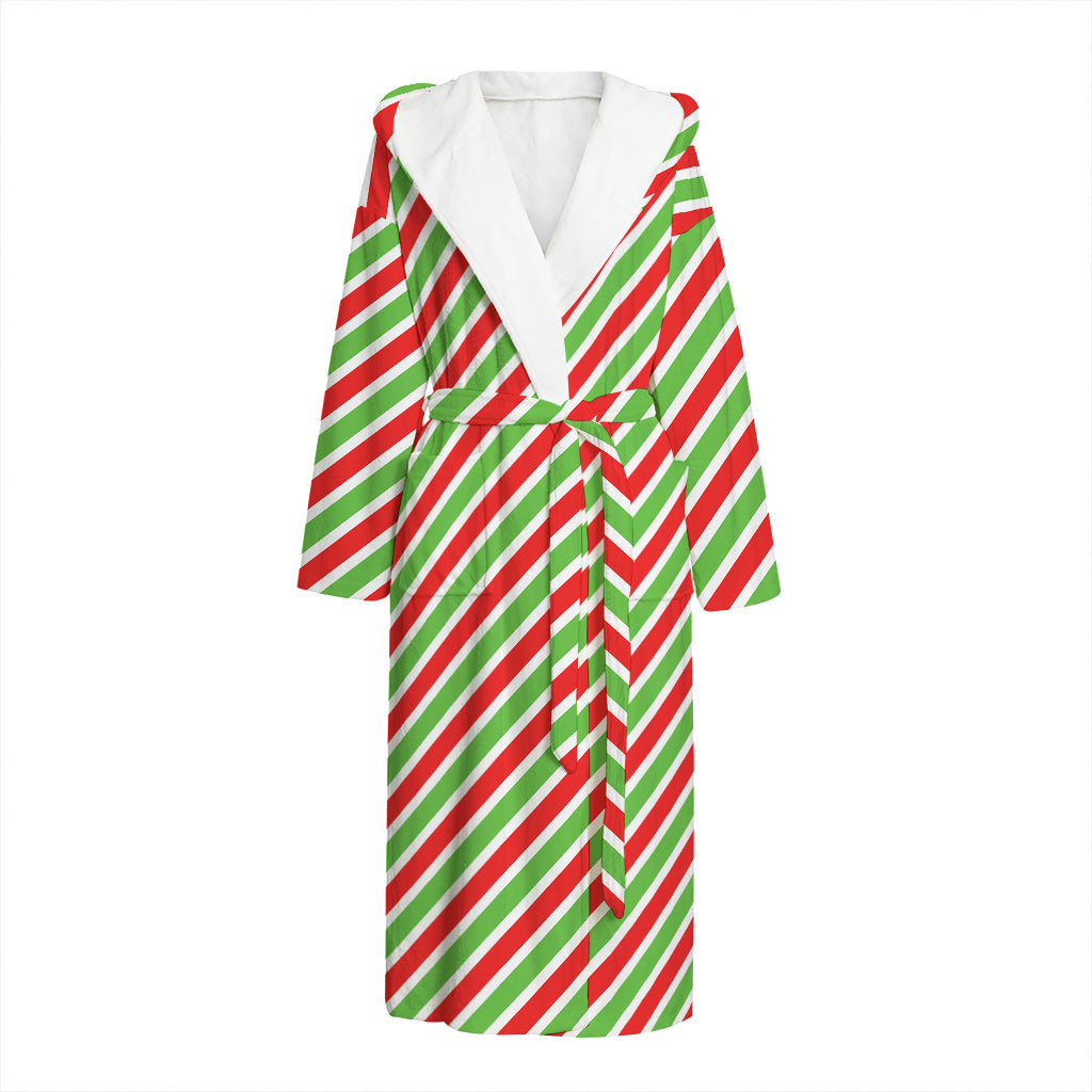 Red Green And White Candy Cane Print Hooded Bathrobe