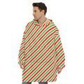Red Green And White Candy Cane Print Hoodie Blanket