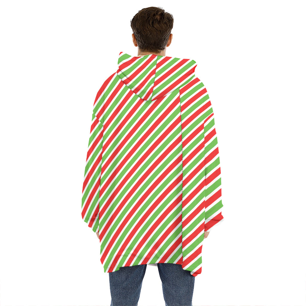 Red Green And White Candy Cane Print Hoodie Blanket