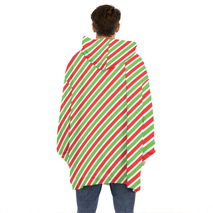 Red Green And White Candy Cane Print Hoodie Blanket