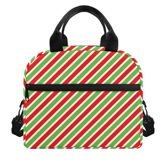 Red Green And White Candy Cane Print Insulated Lunch Bag