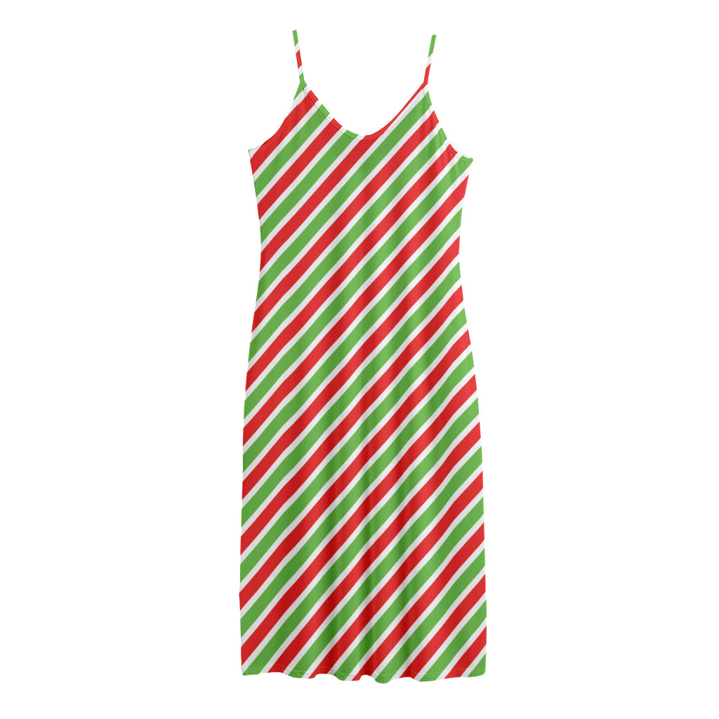 Red Green And White Candy Cane Print Jersey Midi Cami Dress