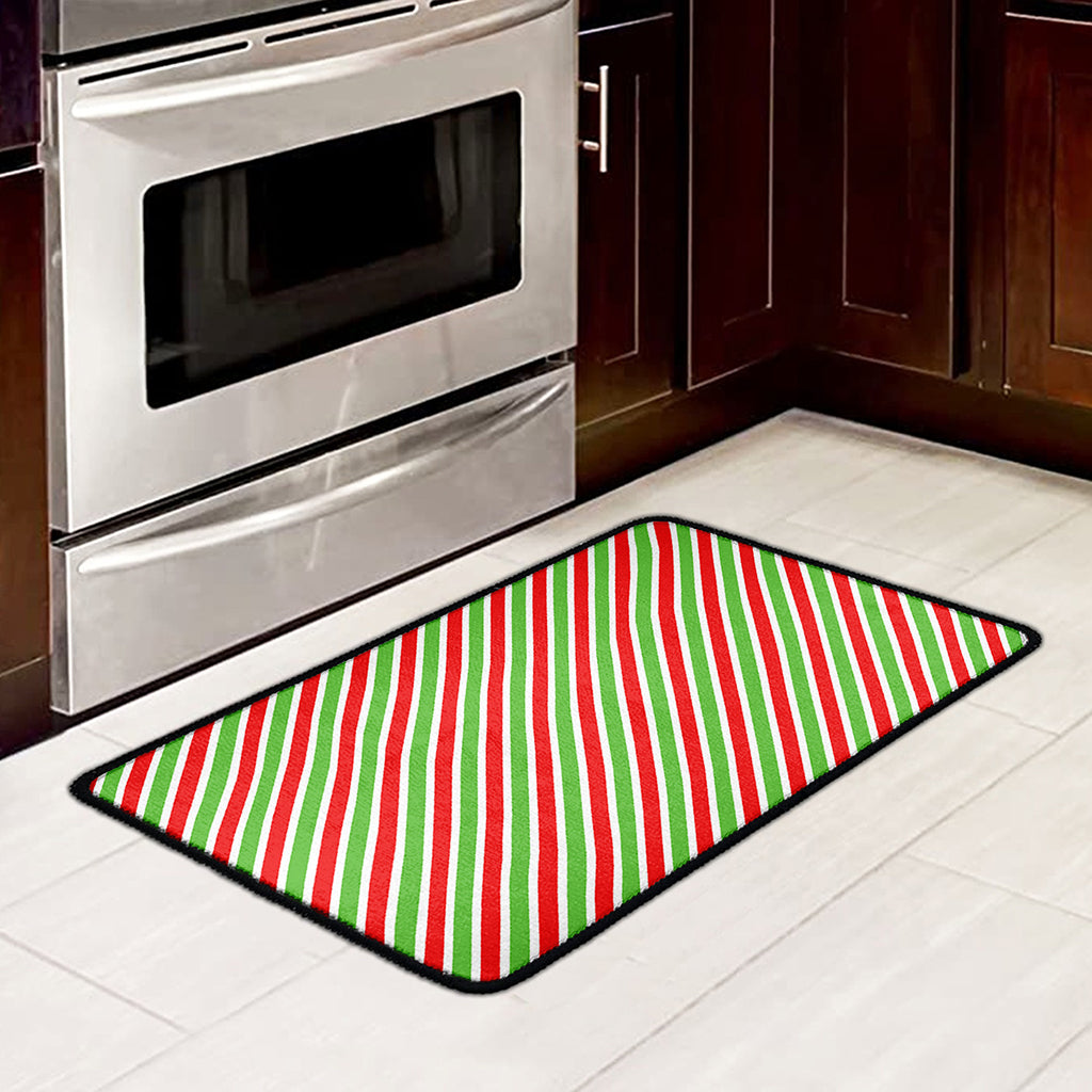 Red Green And White Candy Cane Print Kitchen Mat